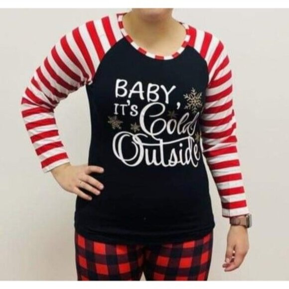 Baby Its Cold Outside Long Sleeve Christmas Shirt With Red & White Striped Sleev - Picture 1 of 5